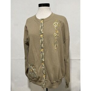 Vintage Upcycled Cottagcore‎ XL Quilted Patchwork Trim Sweatshirt Cardigan